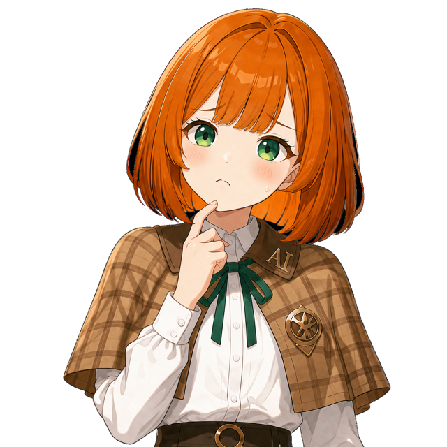 AI の情報の多さに考え込む Aria キャラクター