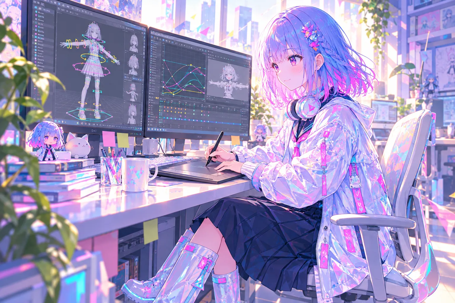 デュアルモニターと液晶タブレットでアニメーション作業をするUSER:01