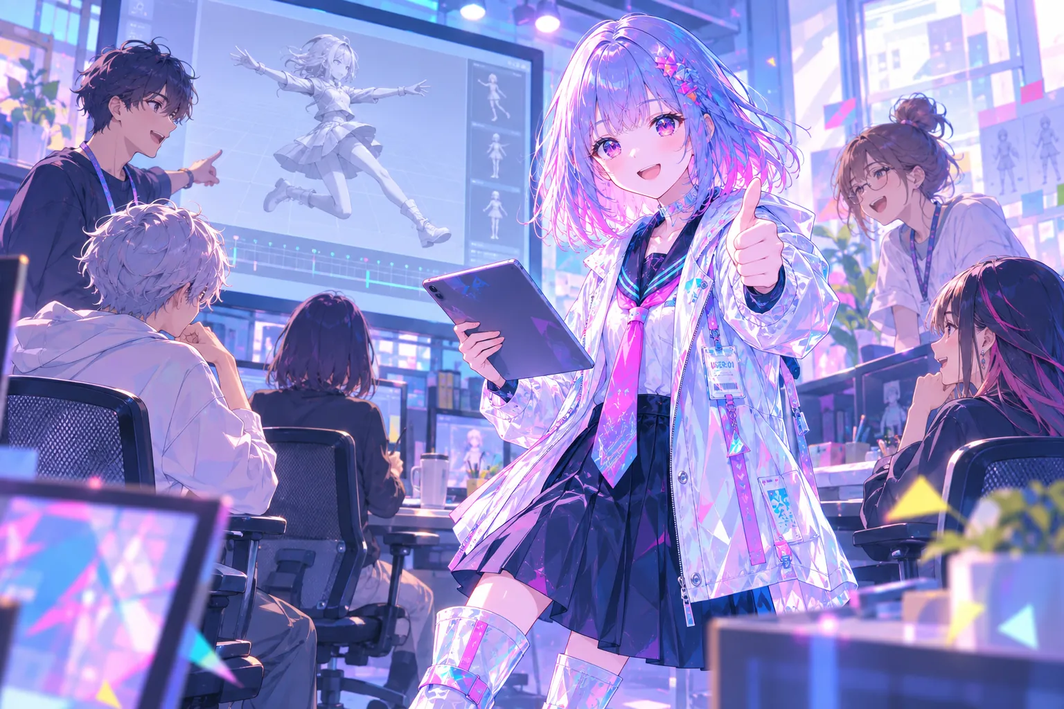 大きなモニターの前で、チームで映像を見ながらサムズアップするUSER:01