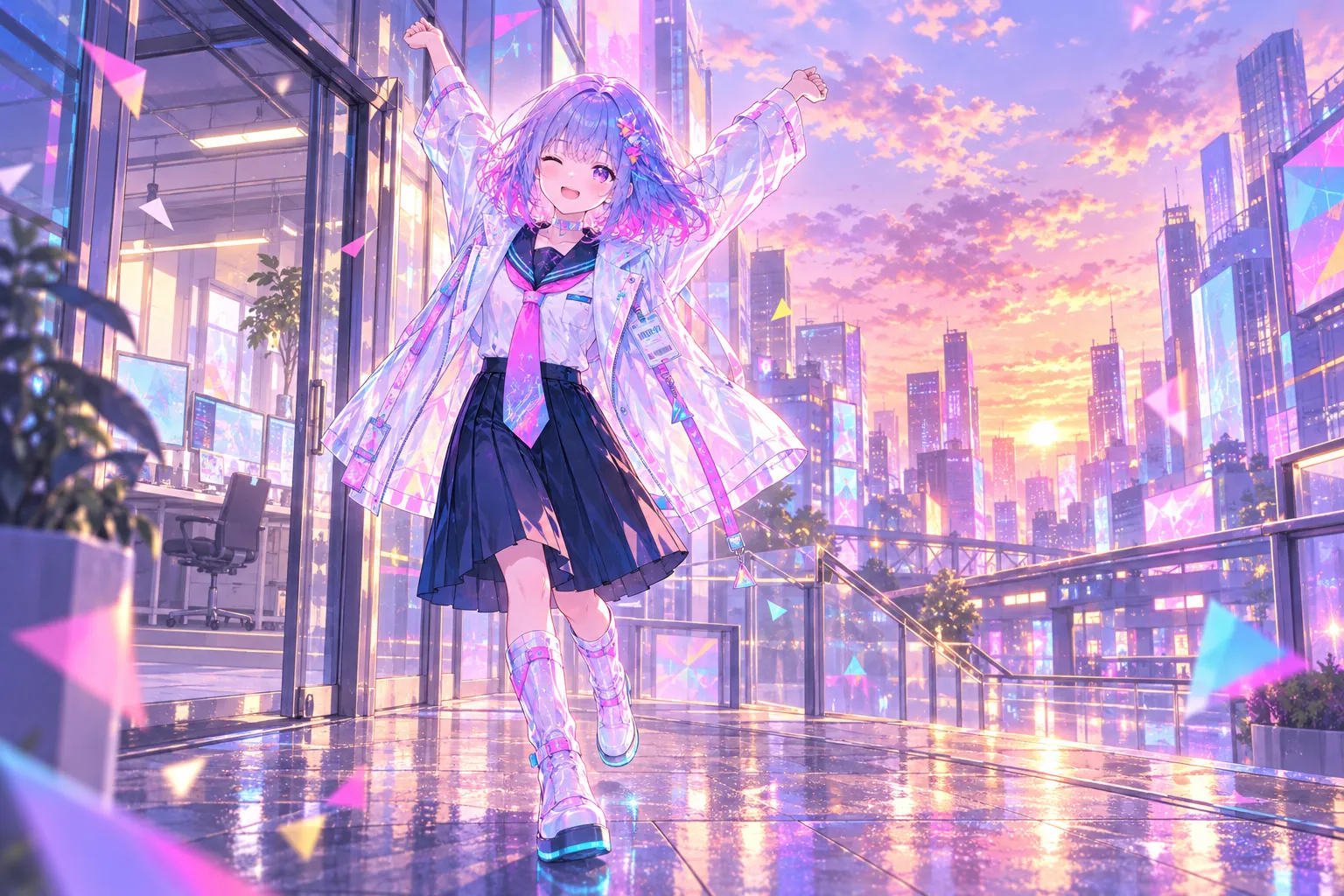 夕焼けの街で、両手を上げてのびをするUSER:01