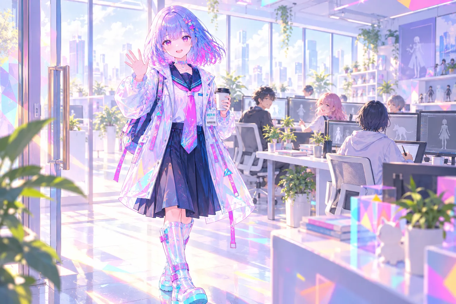 朝のスタジオに、コーヒーを片手に手をふって出社するUSER:01