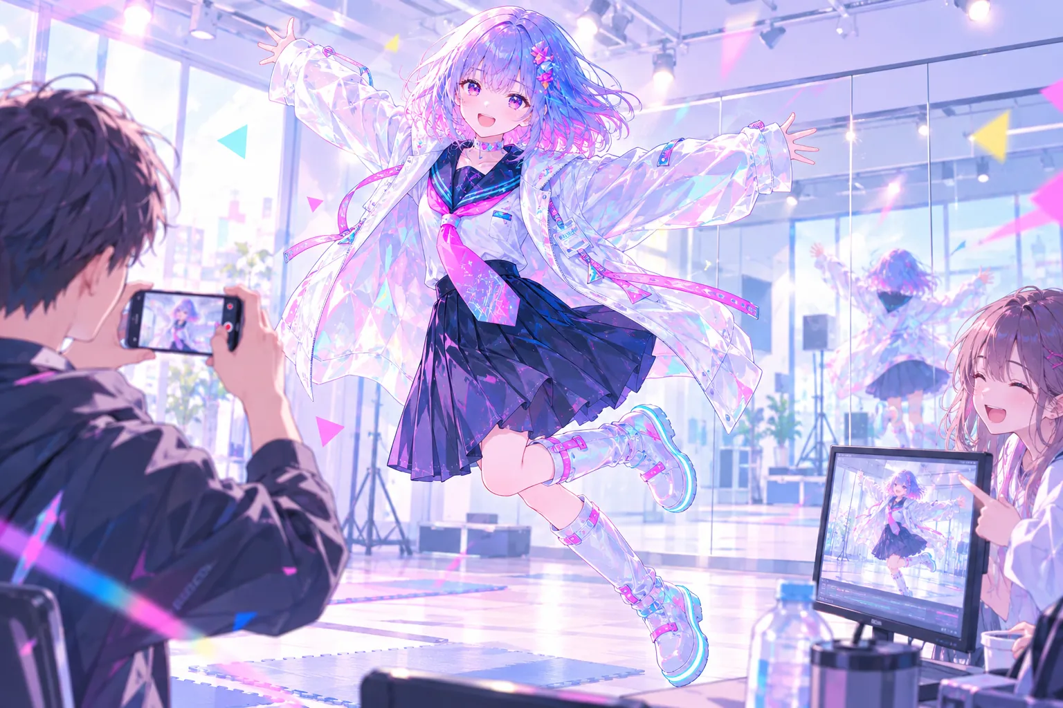 ジャンプの演技をするUSER:01を、同僚がスマートフォンで撮影している