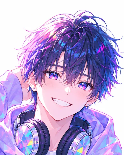 ヘッドホンを首にかけた、黒髪の若い男性スタッフのイラスト