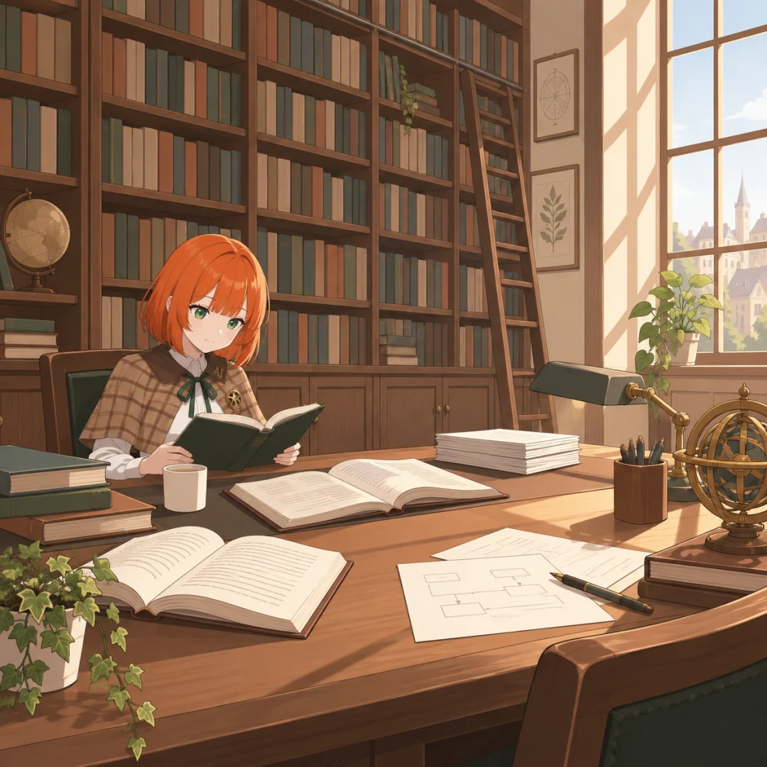 書斎の机で教材を読むアリア。机には開いた本と図解の紙が広がっている