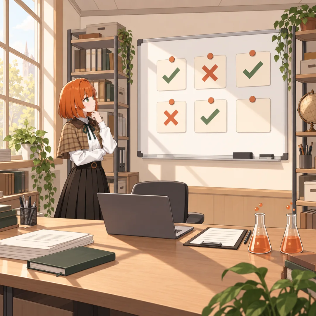 有効だった印と、うまくいかなかった印の付箋が貼られたボードの前で考えるアリア