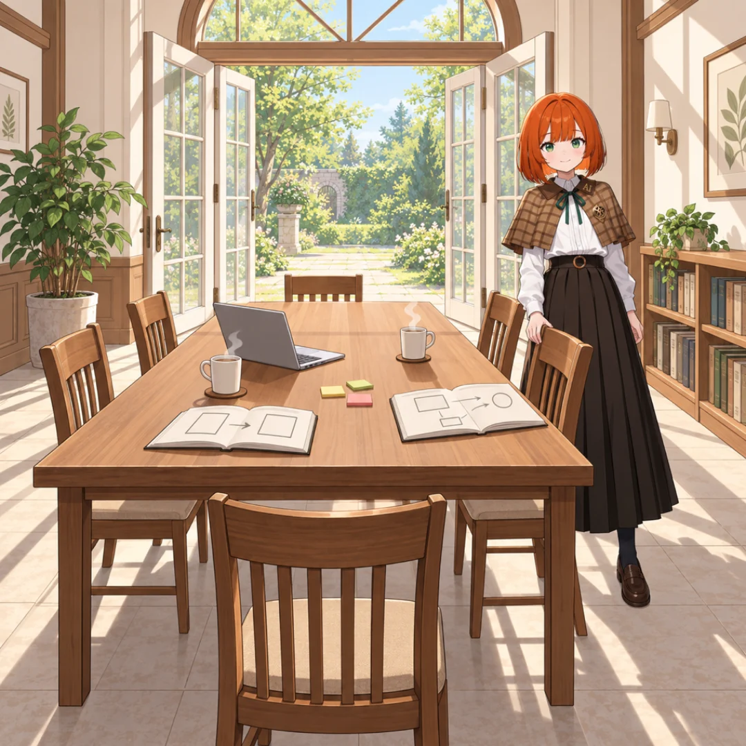 庭へ向かって扉が開け放たれた明るい学びの部屋。大きな机に本やノートパソコンが並び、空いた椅子の横でアリアが迎えている