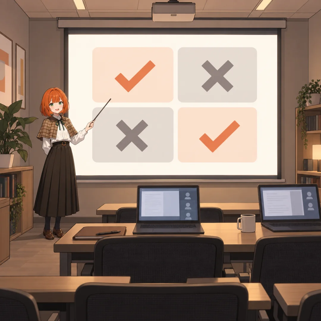 スクリーンに映した検証結果（有効だったものとうまくいかなかったもの）を指し示して共有するアリア
