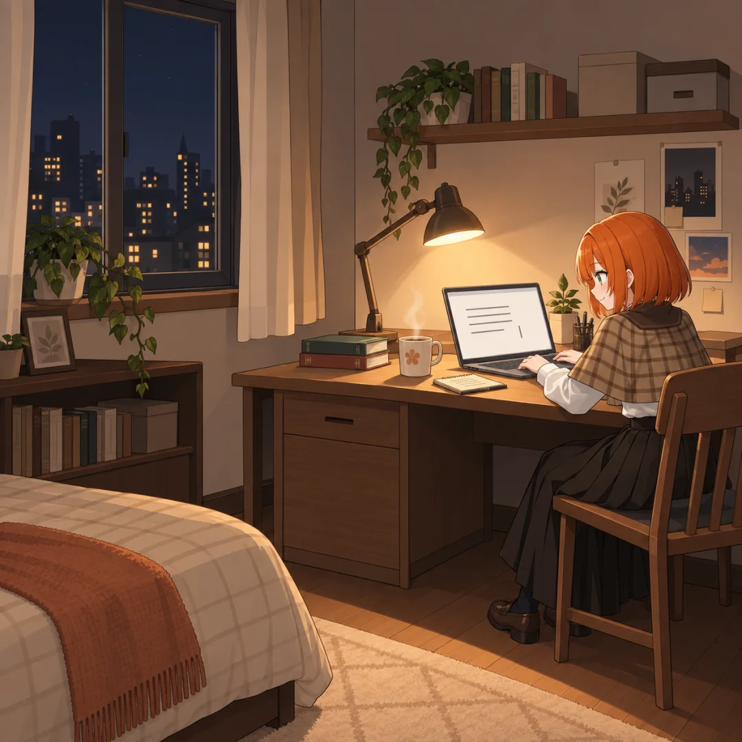 夜の自室で、ノートパソコンを開いて手を動かすアリア